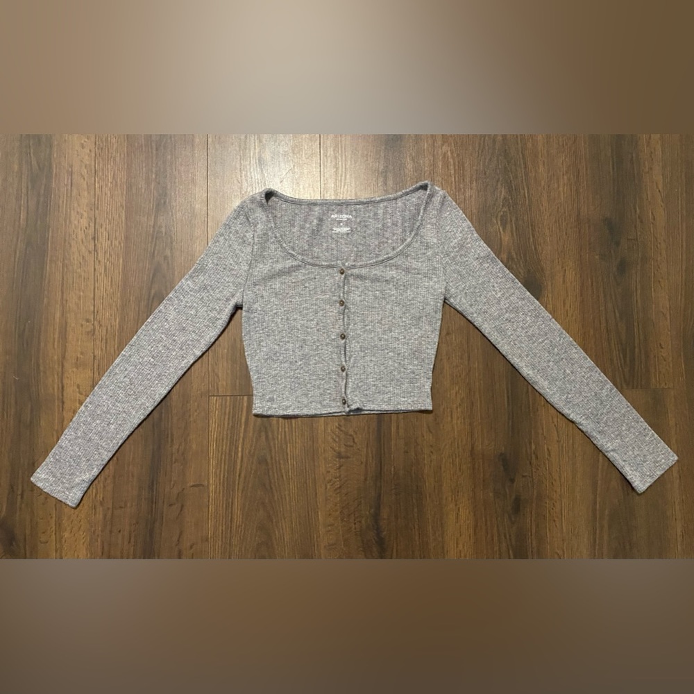 Women’s Arizona Jean Gray Long Sleeve Button Up Crop Top S